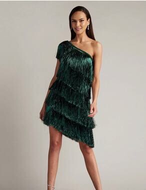 New tadashi shoji Sonny Metallic Fringe Mini Dress green sz 4